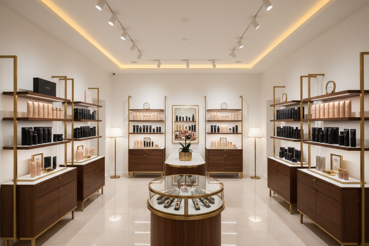 Un almacen de productos capilares donde se vea como una tienda de lujo